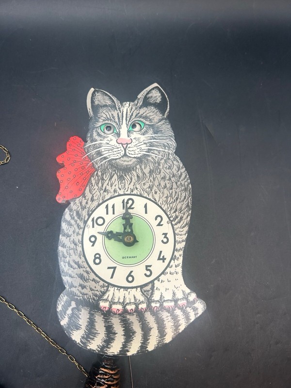 Vintage Gray Kit Kat Cat Clock Motion Eyes Made in W Germany As Is