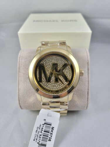 Pre-owned Michael Kors Mk5706 Women's Runway Gold Dial Crystal Pave Gold Watch 45mm