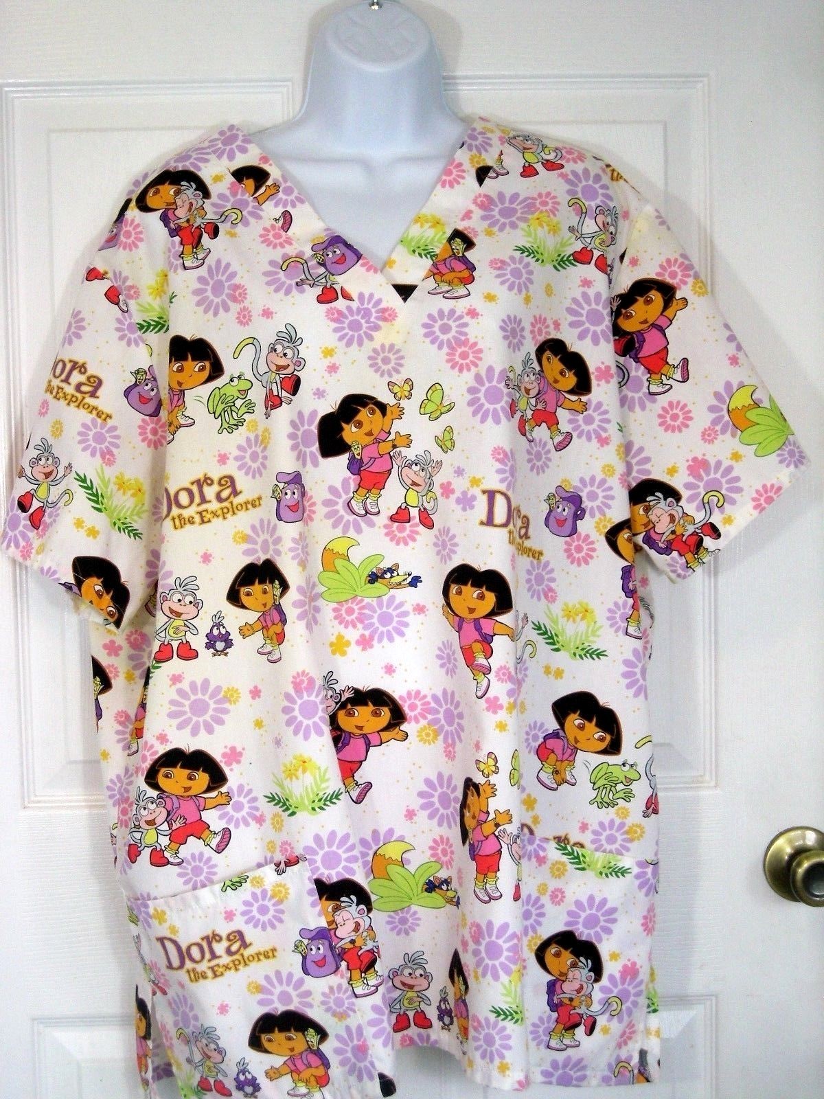 Nick Jr Dora the Explorer Scrub top size 2XL White Purple Green Red Pediatric