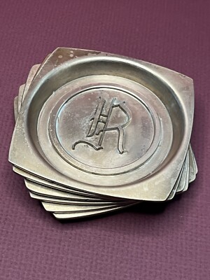 Vintage MCM Hyde Park Brass Coasters Set of 6 Monogram Letter R.   L