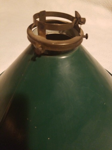 ANTIQUE INDUSTRIAL TIN LAMP SHADE WITH BRASS RING OLD GREEN VINTAGE PAINT