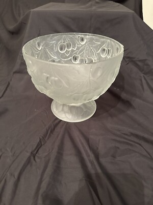 Vintage Bohemian glass Bowl c. 1930 cherries frosted pedestal Barolac Glass Co