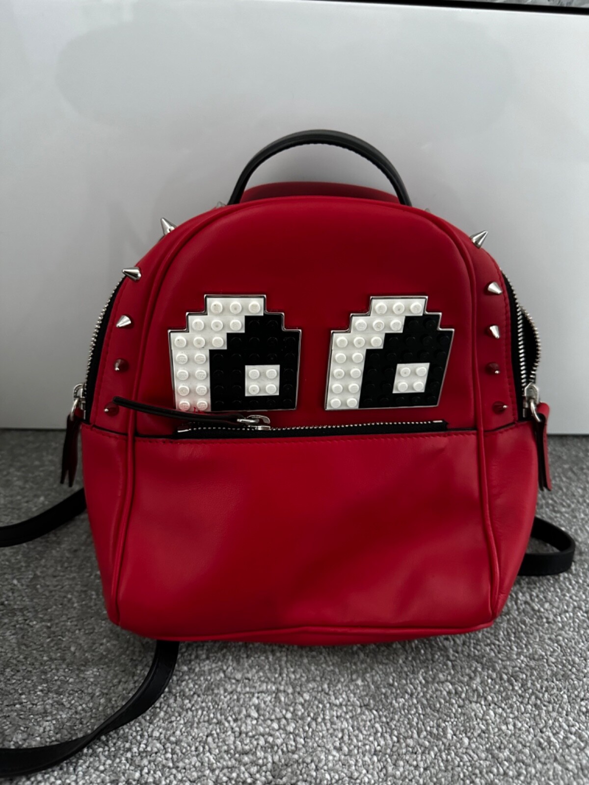 NWT Les Petits Joueurs Micro Mick Pixel Eyes Red Leather Backpack With Spikes Les Petits Joueurs Leather Exterior Small Bags & Handbags  main image 4