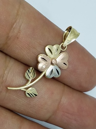 Pre-owned Handmade Gold 14k Good Luck Lucky Pendant Flower Clover Rose Charm Necklace Gift 1.35" In Pink