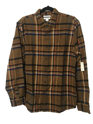NEW - Amazon Essentials Men's Flannel Plaid Shirt - Size Large Brown Black White