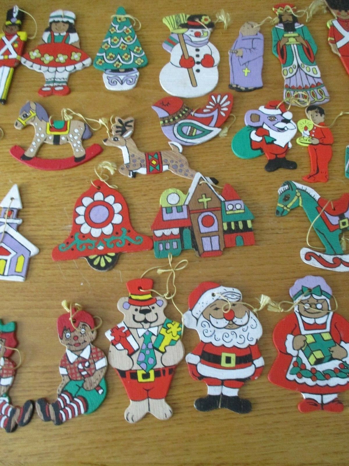 50+ VINTAGE MAHOGANY WOOD CHRISTMAS ORNAMENTS HAND PAINTED NICE