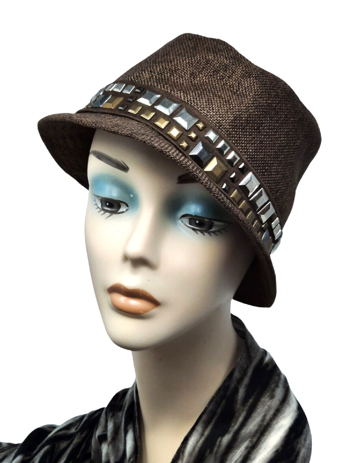 Brown Tweed Bucket Fedora Walking Retro Metal Studs