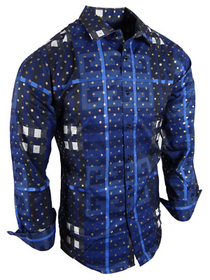 Mens Shirt Engineered Plaid Gold Foil Polka Dots Stretch Slim Fit Button Up