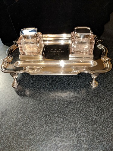 Antique Sterling Silver Double Inkwell By Elkington & Co Ltd 1929, 21.8 ozt ASW