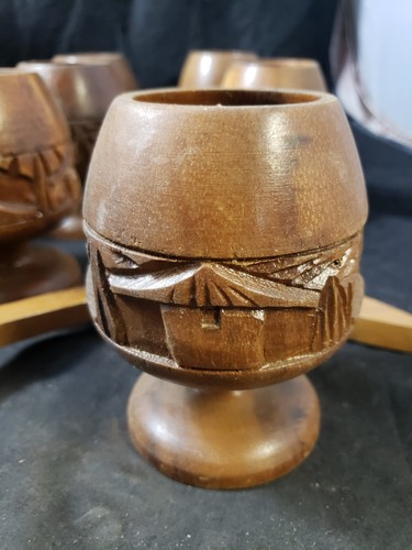 Vtg TIKI WOODEN 10 CUP SERVING PUNCH BOWL cups & LADLE Bonus carved Vase