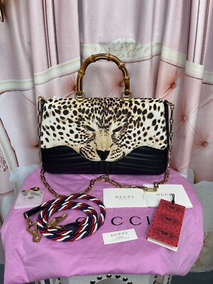 GUCCI BAMBOO LEOPARD CALF- HAIR SATCHEL/SHOULDER BAG BRAND NEW! Unique $3999 NWT