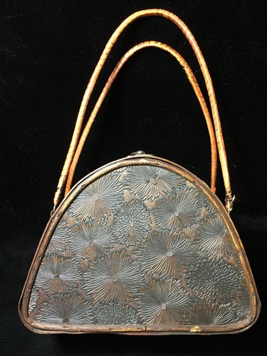 Vintage Wooden Handbag Metal Clasp Embossed Leather Exterior Wood Interior