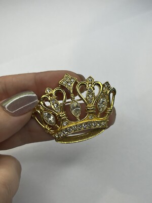 Vintage Kenneth J. Lane KJL for Avon Rhinestone Crown Brooch Pin Gold Tone