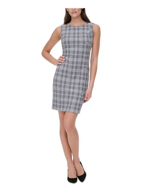 

TOMMY HILFIGER Женское серое короткое платье-футляр в клетку без рукавов на пуговицах, Серый