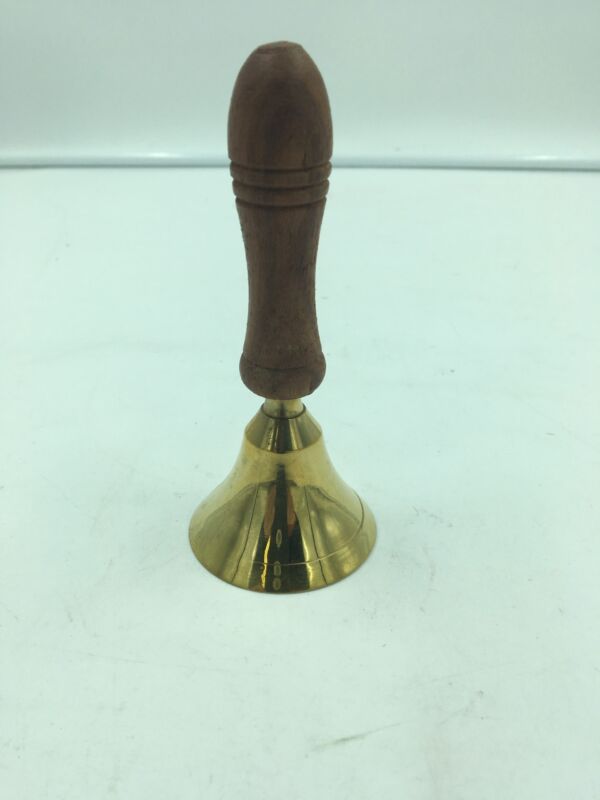 Wooden Handle Brass Bell, 5" Hand Held For Religious, Service, Hotel & Dinner