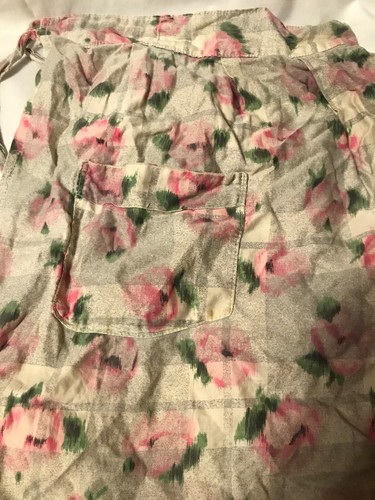 Vintage 1950 's Flowers Pink Grey Half Apron Cotton Pocket