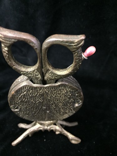 Antique Brass Germany Owl PIN CUSHION Stand &  Sewing Scissors