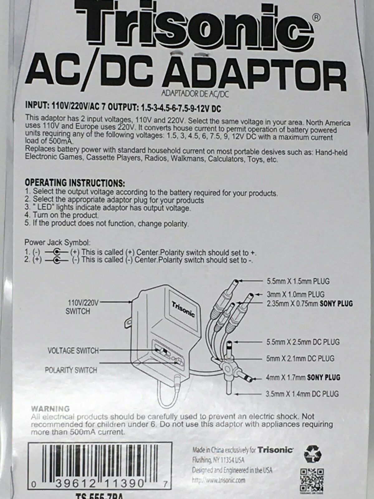 Universal AC/DC power adapter output 3V 4.5V 6V 7.5V 9V 12V 500mA 2 sony plug