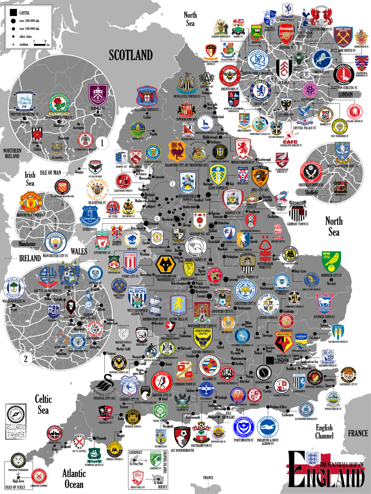 ENGLAND Football Clubs Map. Poster. Cartography. (50 x 70 cm