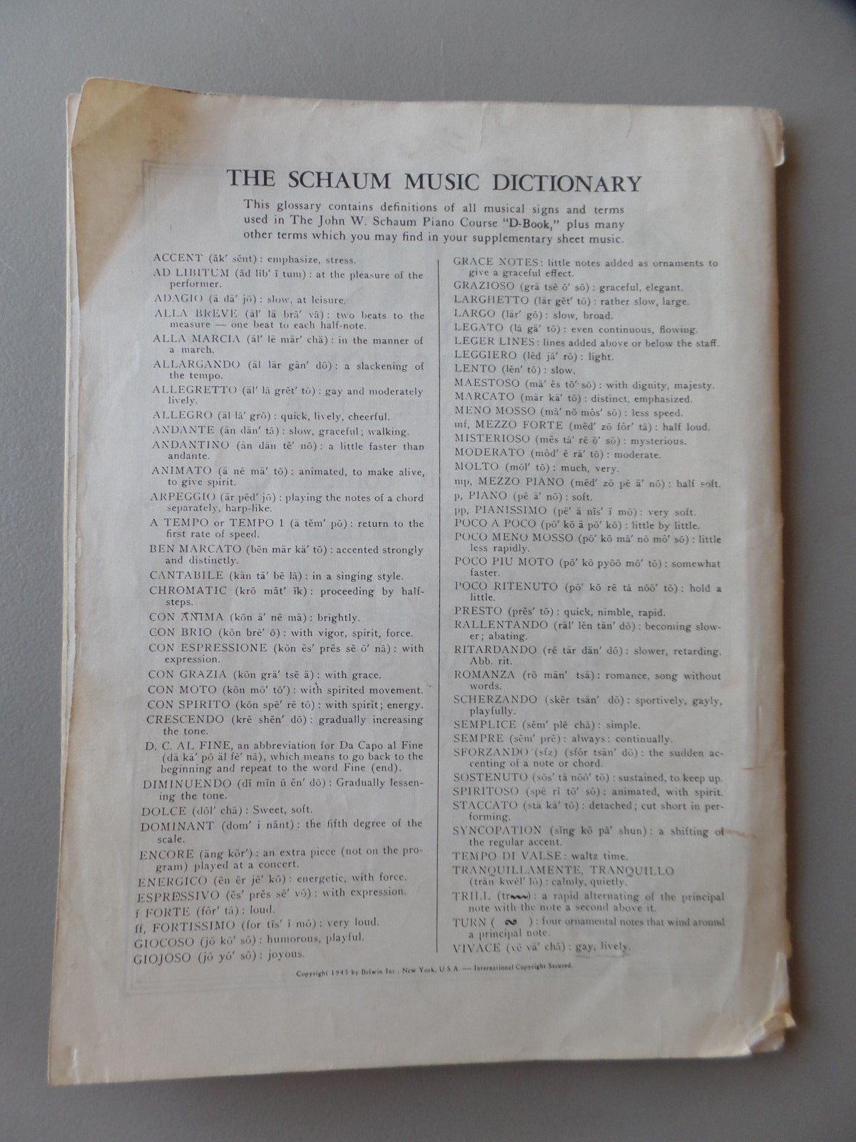 1945 Belwin John W Schaum Piano Course D The Orange Book No Cover 46 pp.