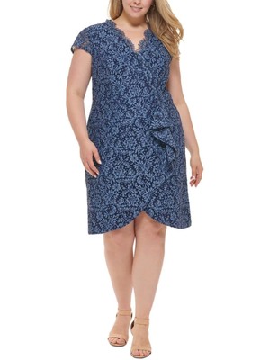 VINCE CAMUTO Womens Blue Eyelash Trim Cap Sleeve Sheath Dress Plus 24W