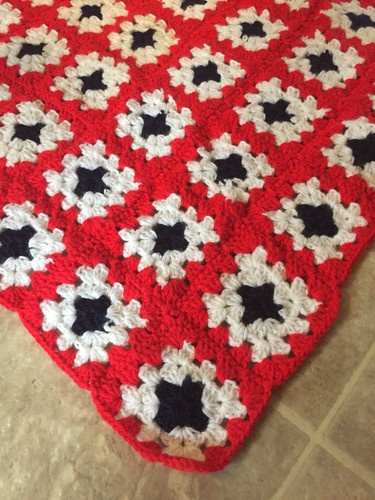 Vintage Granny Squares Afghan Blanket Crochet 50 X 62 Red White Blue