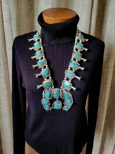 Signed WL Native American Sterling & Turquoise Squash
