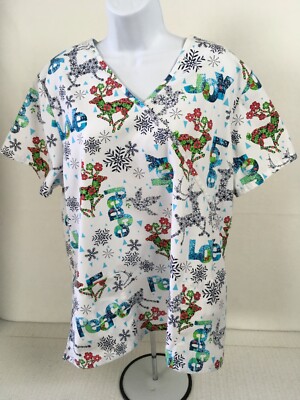 H Q Womens Scrub Top Size XL White w Peace Joy Holiday Pockets Short Sleeves