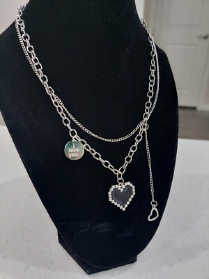 NEW K-pop Silver Toned Double Chained Pixilated Heart Charm Necklace 8 Bit Game