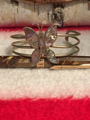 Vintage Silver Over Copper MOP Abalone Inlay Butterfly Tribal Cuff Bracelet