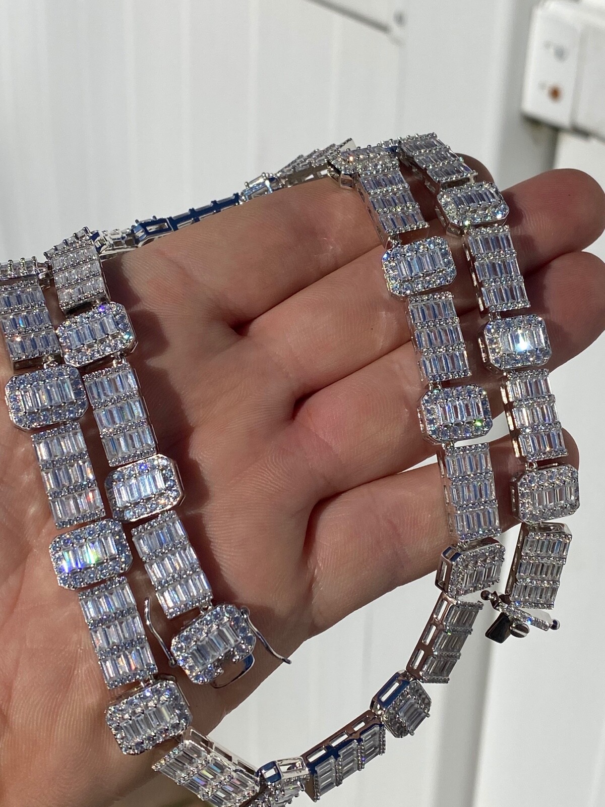 Pre-owned Silver Real 925 Sterling  Baguette Link Chain Cz 13mm Men's Necklace Bust Down