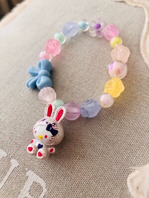 Hello Kitty Bracelet Pink Bunny Bear Mascot Charm Mismatched Beaded Y2K Kidcore