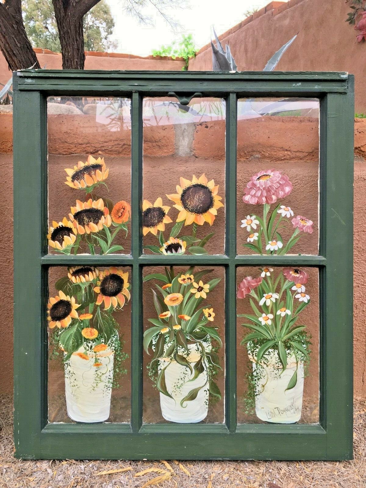 PAIR Antique 6 Pane Glass Windows Frames Painted Sunflowers SIGNED Wood Sashes