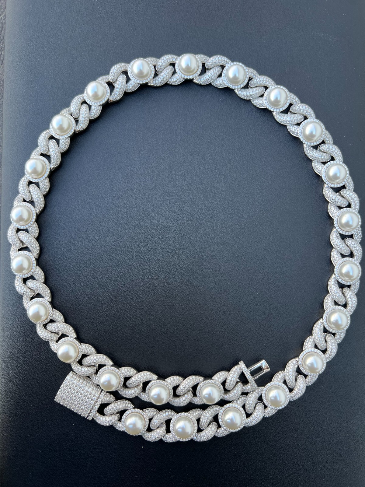 Pre-owned Harlembling Mens Ladies Hip Hop Iced Moissanite Infinity Link 15mm Necklace W. Pearl 14-24" In Silver