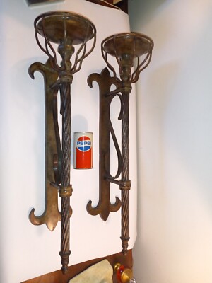 Antiqued Patined Brass X Large Candle Sconces. Fleur De Lys Matching Pair.