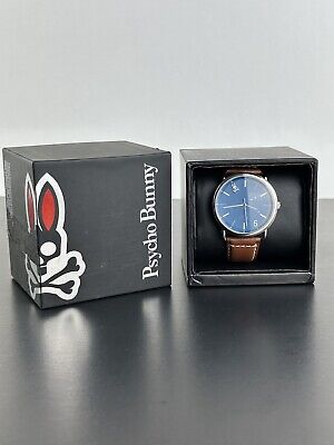 Psycho Bunny Men's Classic Brown Leather Band Blue Dial Quartz Watch
