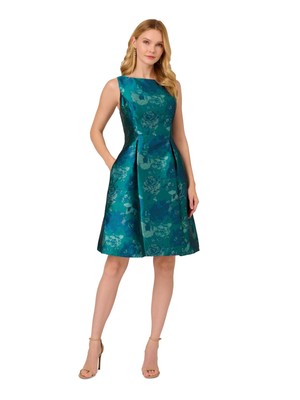 ADRIANNA PAPELL Womens Teal Cutout Back Lined Sleeveless Fit + Flare Dress 8