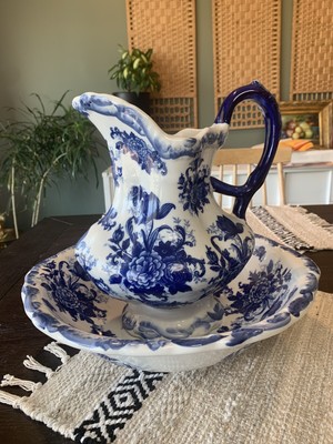 Vintage decorative Water Pitcher and Wash Bowl Basin Raised open rose green leaves and branch Scalloped edges with God Bless Our Home