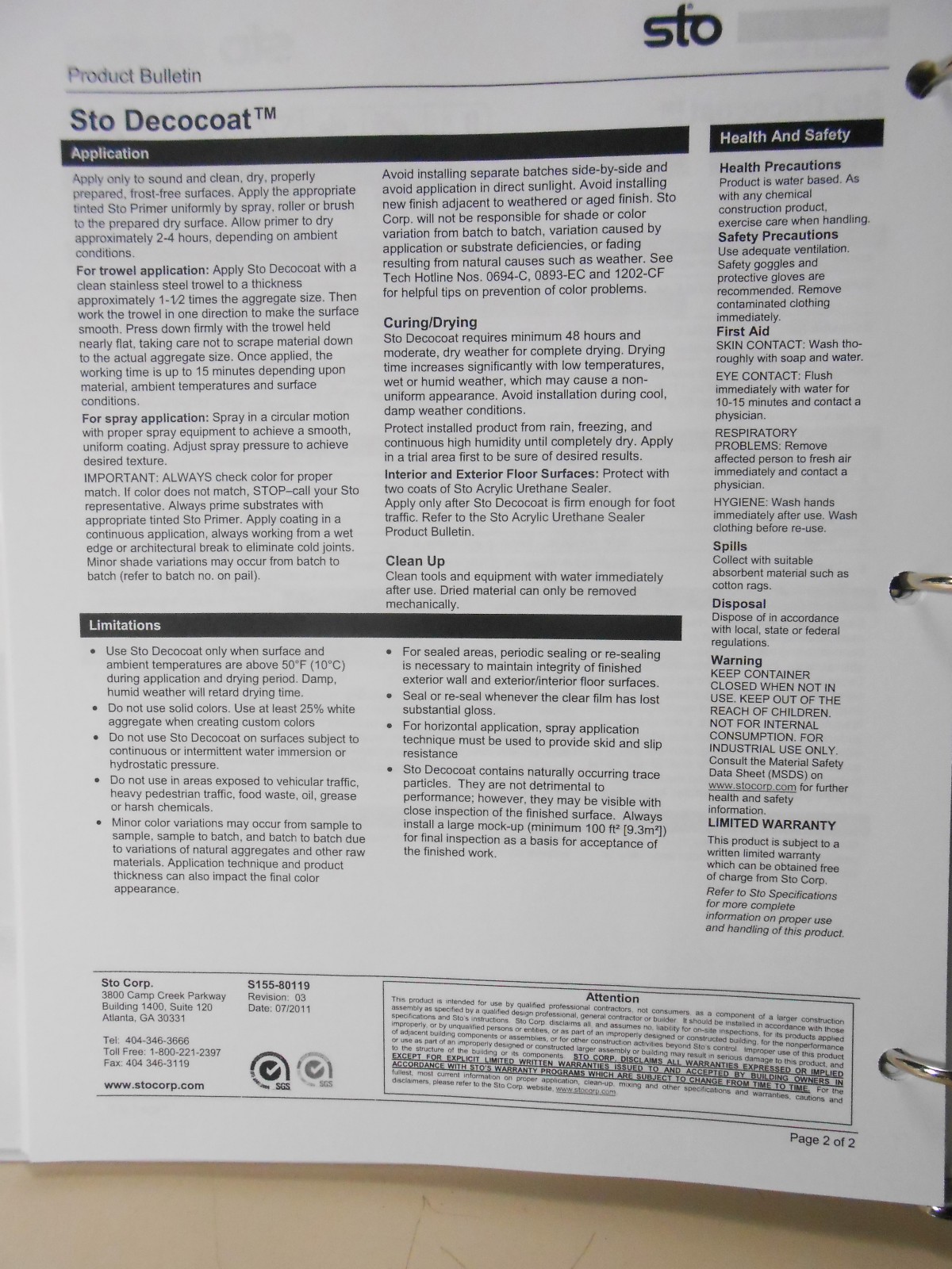 Sto Corp. Exterior High Performance Coatings Manual Catalog Book 2012