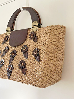 Tocca Natural Straw Wood  Brown Floral Leather Footed Satchel Tote Purse 15 x 19