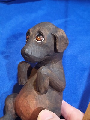 Adorable Hand-Carved Wooden Dog Statue Sculpture Lab Labrador Puppy