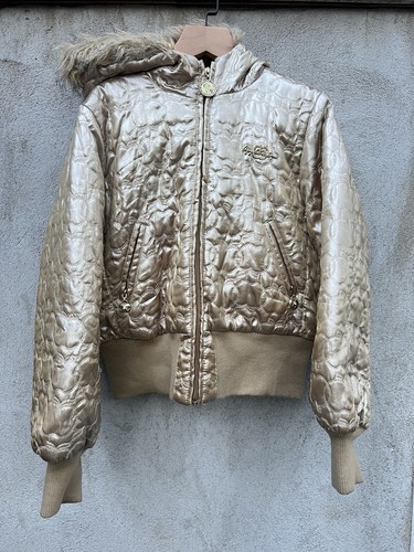 Vintage Apple Bottoms Puffer Jacket Faux Fur Hood Womens L Gold