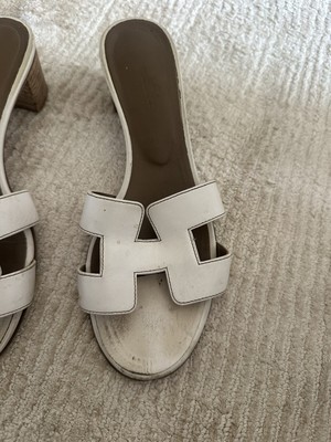 Hermes 38 White Oran H Logo Leather Sandals Slides Shoes Heel
