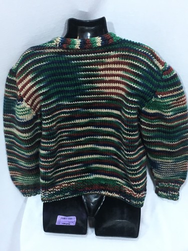 Handknit Striped Kids Button Up Cardigan  Size 4 - 5  Green Red White Yellow