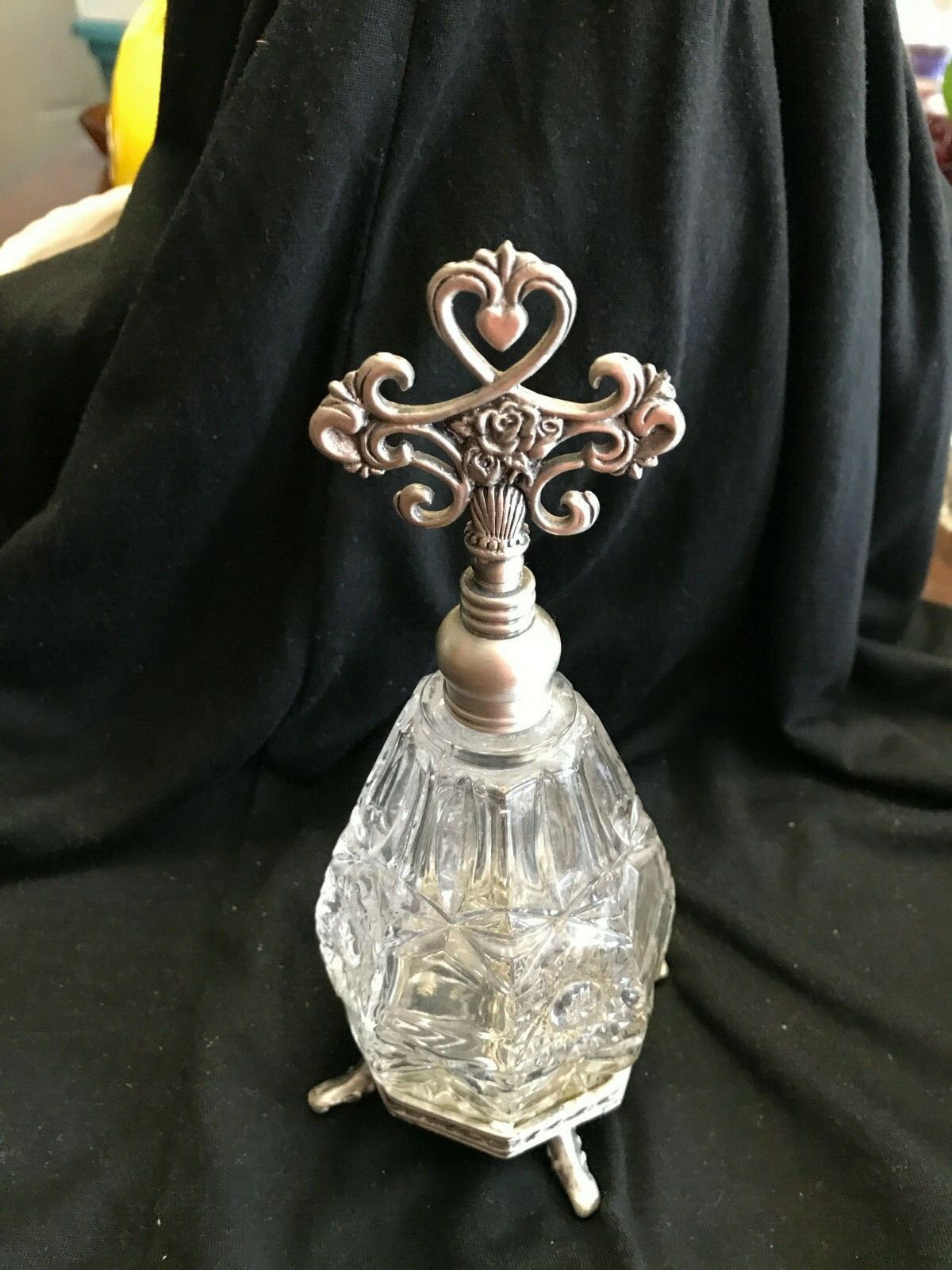 Vintage Glass Crystal Perfume Bottle with Metal Legs and Top 7