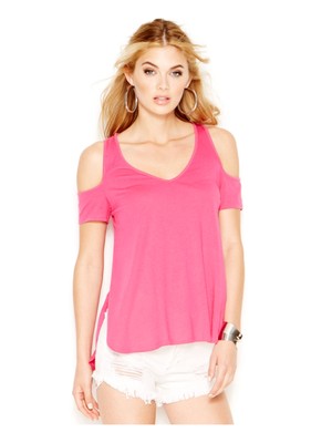 

GUESS Женский розовый топ с открытыми плечами и короткими рукавами и V-образным вырезом