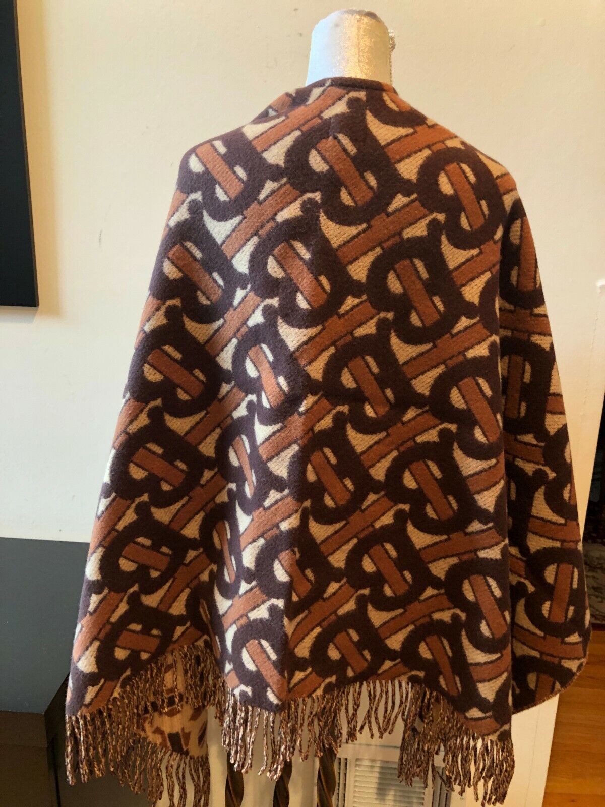 Pre-owned Burberry Tb Wool Cashmere Poncho Cape Shawl Scarf Blanket Reversible In Multicolor