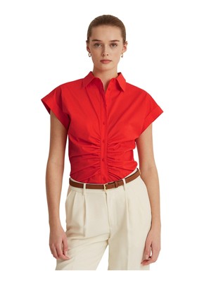

LAUREN RALPH LAUREN Женский оранжевый топ с коротким рукавом и острым воротником на пуговицах