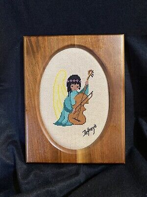 DeGrazia Angel Playing' hand embroidery amazing threaded 8x6.5 frame oak 