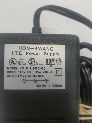 Hon-Kwang D12-1500-950 AC Adapter Power Supply Charger 12Volt 1500mA Transformer